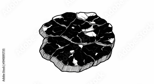 A black and white drawing of a textured, irregularly shaped object