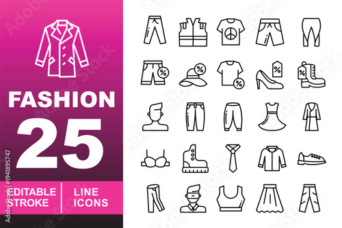 Fashion Sale & Clothing Line Icons. Editable stroke vector icons for retail promotions. Featuring discount tags, t-shirts, skirts, boots, neckties, and human avatar symbols for e-commerce shop UI