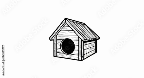 A black and white drawing of a wooden dog house with a circular entrance