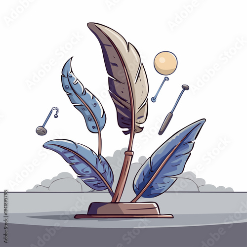 Feathers on a wooden block base.