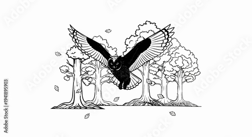 A black and white drawing of an owl flying through a forest with falling leaves