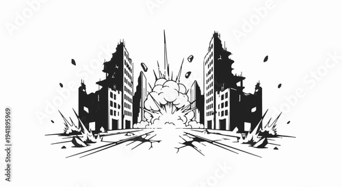 A cartoon-style depiction of an explosion between two ruined buildings