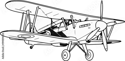 A black and white line drawing depicts a vintage biplane with a propeller and landing gear