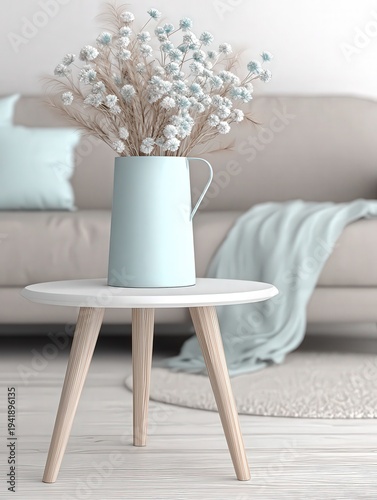 A stylish interior scene featuring a light blue vase with dried flowers on a modern white table, set against a cozy couch and throw blanket, Ideal for home decor, lifestyle blogs