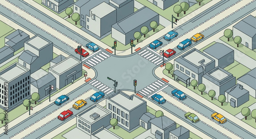 Isometric City Intersection with Cars and Pedestrian Crossings.
