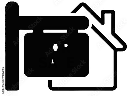A black and white icon depicting a house with a 'For Sale' sign