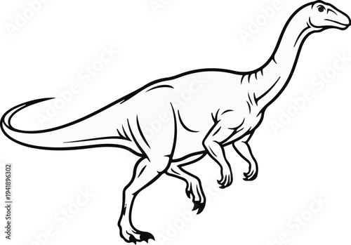 A black and white illustration of a bipedal dinosaur with a long neck and tail