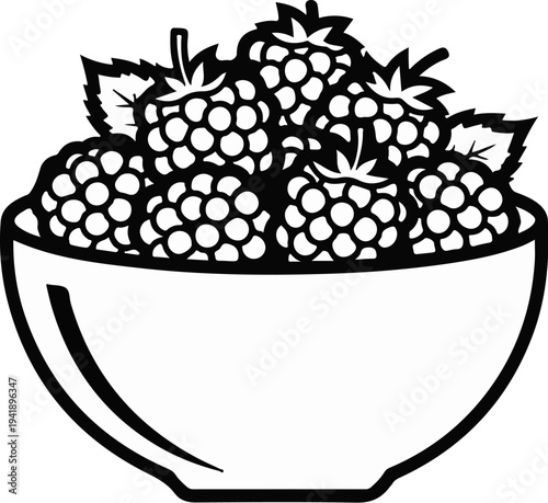 A black and white illustration of a bowl filled with ripe raspberries and leaves