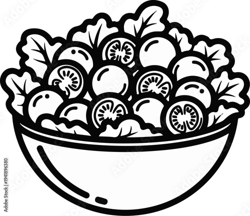 A black and white illustration of a bowl filled with salad