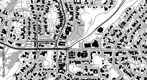 Detailed Black and White Aerial View of a Suburban Area.