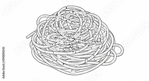 A black and white line drawing depicts a tangled mound of pasta with pepper specks