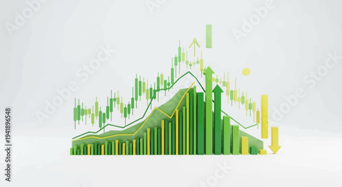 3D render of a financial chart with upward and downward trends and bars