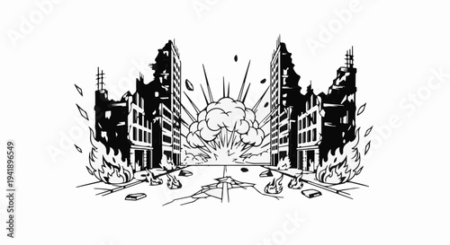 A city street erupts in chaos with buildings engulfed in flames and a massive explosion