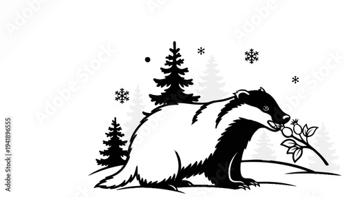 A black and white illustration of a badger in a winter forest with snowflakes falling