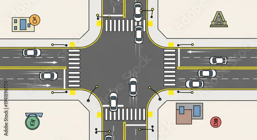 Aerial View of a Busy Four-Way Intersection with Cars.