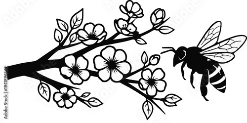 A black and white line drawing of a bee approaching cherry blossoms on a branch