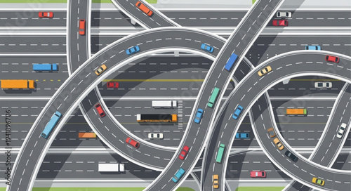 Aerial View of a Complex Highway Interchange with Cars and Trucks.