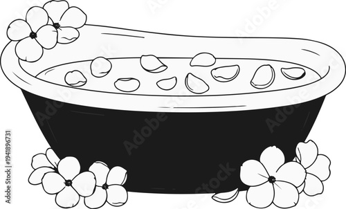 A clawfoot bathtub filled with water and floating flower petals, adorned with flowers