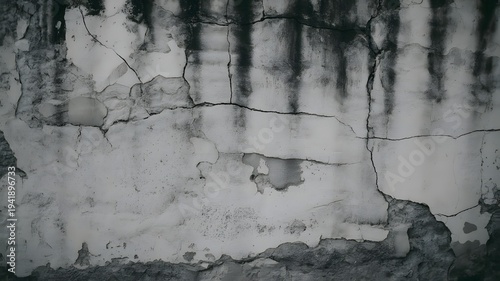 Damaged concrete wall surface displays significant vertical water stains and deep structural cracks across the aged facade.
