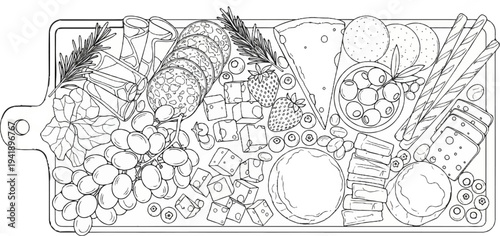 A charcuterie board with grapes, cheese cubes, strawberries, and olives