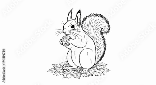 A charming black and white sketch of a squirrel holding a nut, perched on autumn leaves