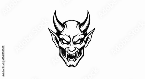 A black and white illustration of a monstrous devil's face with pointed ears and horns