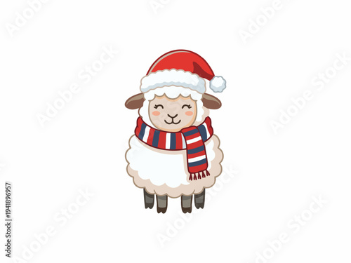 Cute Cartoon Sheep Wearing Santa Hat and Striped Scarf for Christmas Celebration