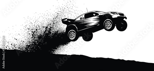 Black and white illustration of a car jumping on a hill with splashing effect isolated on white background