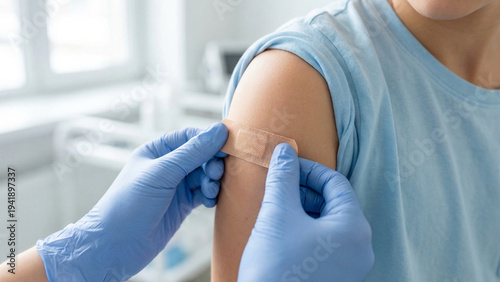 Medical professional applies a bandage to a patient's arm after a vaccination