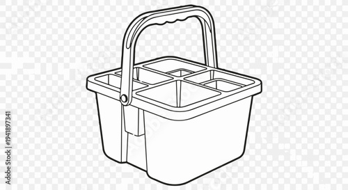 A black and white illustration of a partitioned carrier with a handle