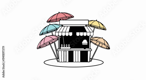 A cheerful beach kiosk with colorful umbrellas offering a sweet treat