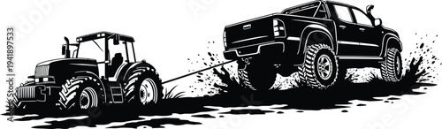 Tractor pulling a truck with a rope on a plain white surface outdoors