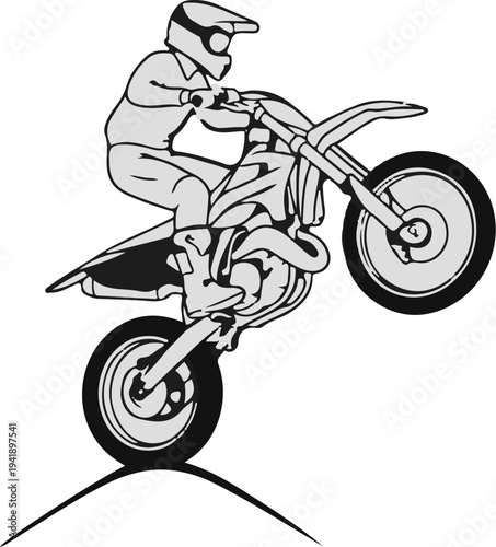 A black and white illustration of a person on a motorcycle performing a wheelie