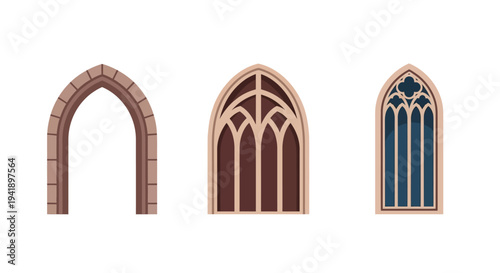 Set of gothic arched windows with medieval design elements