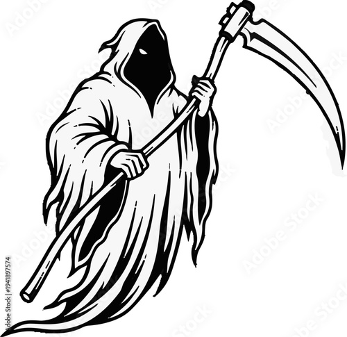 A cloaked figure with a scythe, a symbol of death, looms ominously