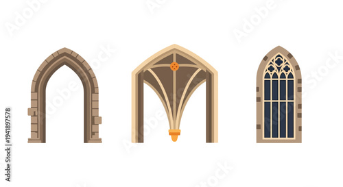 Gothic architecture elements: arches and windows in flat design