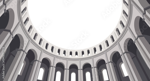 Majestic architectural dome with classical columns in monochrome design
