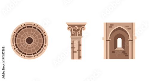 Ancient architecture elements: column, arch, and window designs in flat style