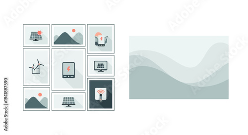 Renewable energy icons and abstract landscape in minimalist flat design