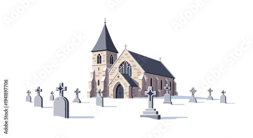 Gothic church in cemetery with tombstones under bright sky in isometric design