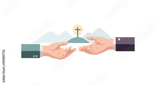 Two hands reaching toward cross on hillside with mountains in minimalist style