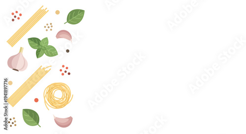 Flat design italian pasta ingredients with herbs and spices on white background