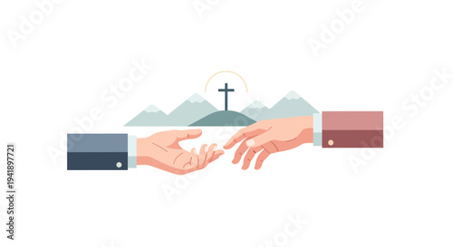 Two hands reaching out with cross and mountains in background