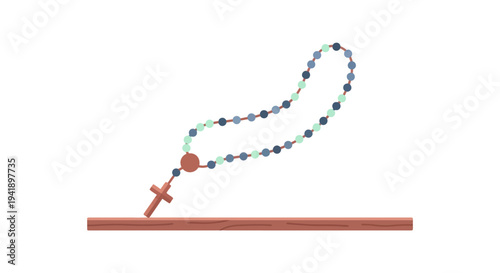 Flat design rosary beads with cross on wooden surface
