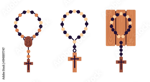 Religious rosary beads with wooden crosses and boards in minimalist style