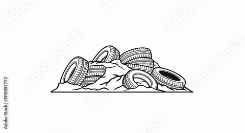 A black and white illustration of a pile of old tires on rough terrain