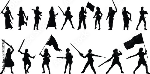 Silhouettes of women holding and flags in various poses against a white background black 1