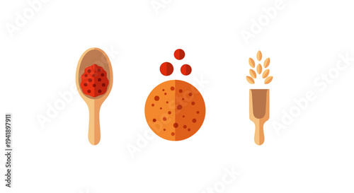Modern flat design of various kitchen ingredients with wooden tools