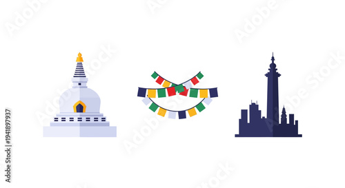 Flat design landmarks and symbols of nepal with colorful prayer flags