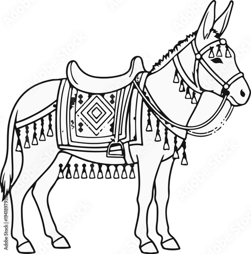 A black and white line drawing of a donkey wearing a decorative saddle and bridle
